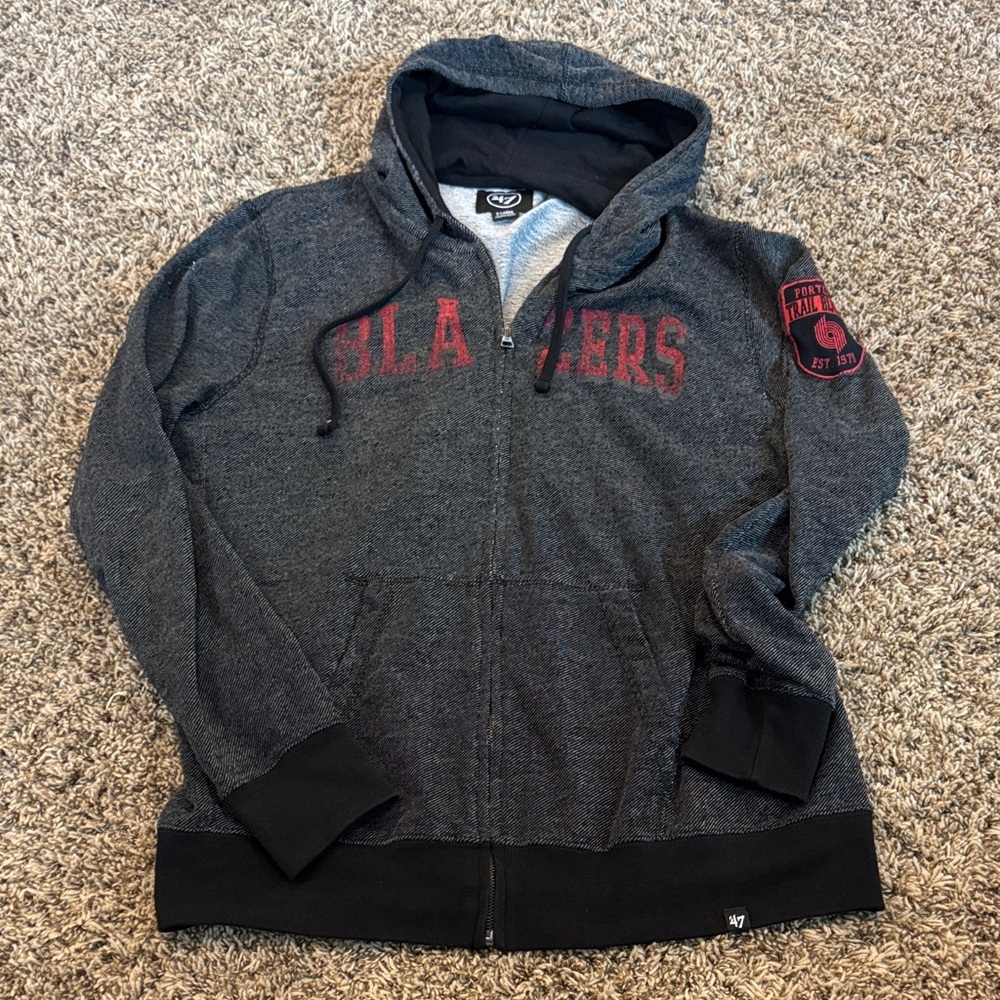 47 Brand Charcoal and Black Hoodie with Red Blazers Text